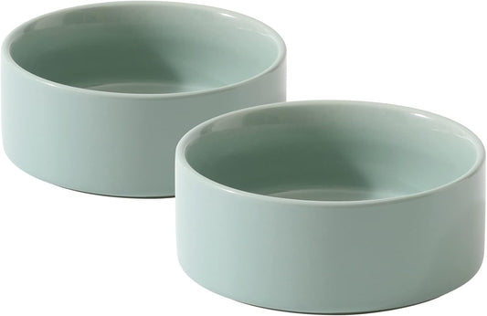 Ceramic 5.1inch Set of 2 Dog and Cat Bowls, 2pcs Anti-Slip Food and Water Feeder Dishes for Puppies, Kitties, Cats(2 Bowls, Light Green)