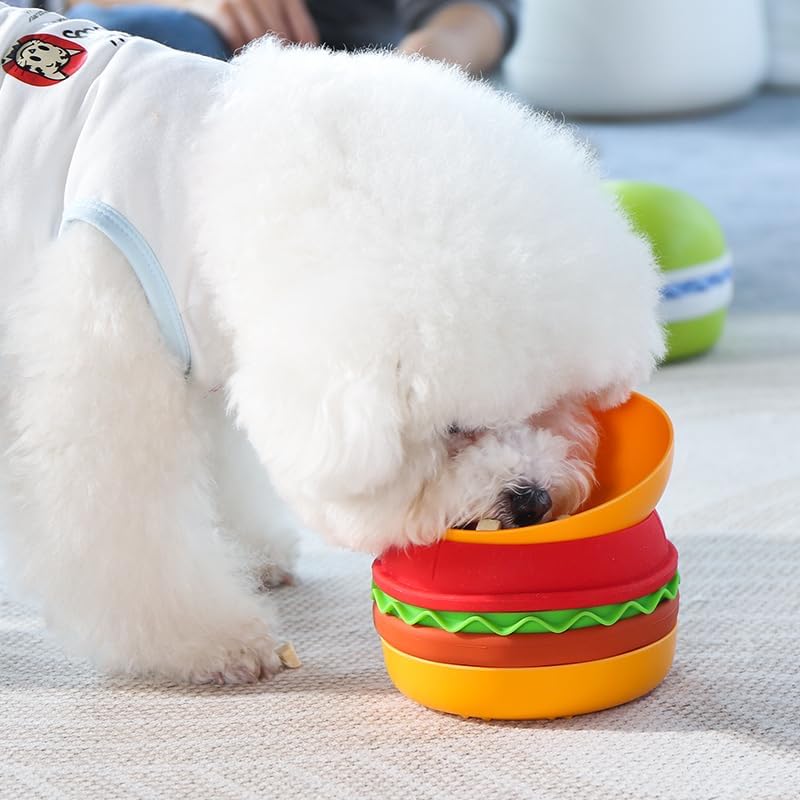 Multiple Use Pet Feeding Set, Cute Hamburger-Shaped, 5 Stackable Bowls for Small Dogs and Cats, Anti-Choking Slow Food Feeder, Raised Bowls, Travel Cat Bowls