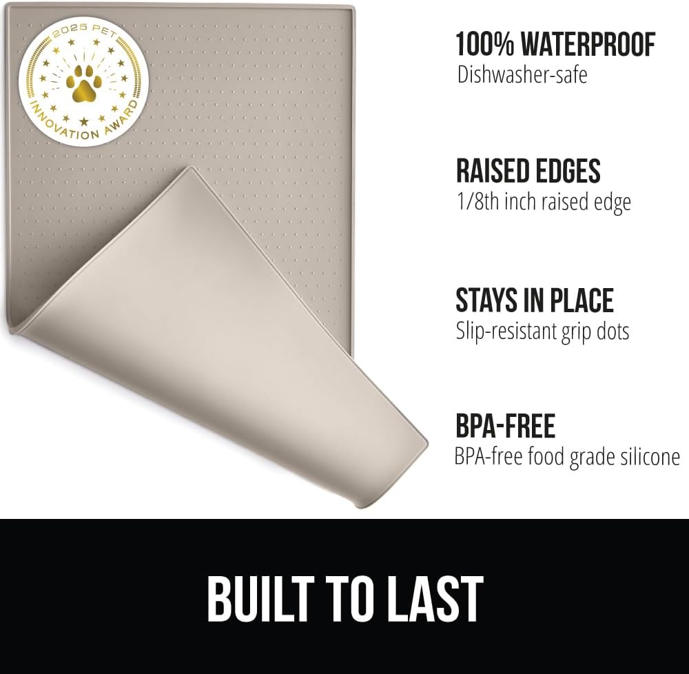 GORILLA GRIP 100% Waterproof Raised Edge BPA Free Silicone Pet Feeding Mat, Dog Cat Food Mats Contain Spills Protects Floors, Placemats for Cats and Dogs Water Bowl, Pets Accessories 16x10, Beige