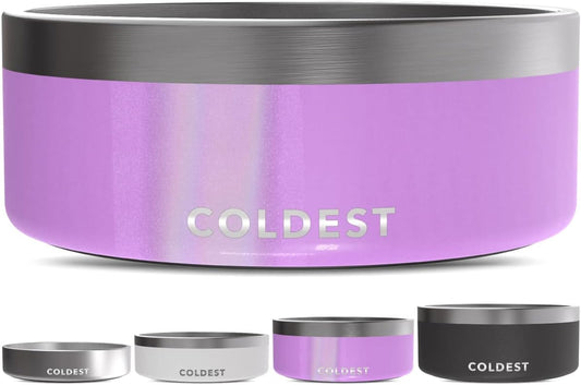 Coldest Dog Bowl - Anti Rust Metal, Non Slip, 3 Layers Insulated Stainless Steel Dog Bowls - Spill Proof & Heavy Duty - Water Bowl for Dogs, Cats, Dish Washer Safe (64 oz, Saturns Purple Glitter)