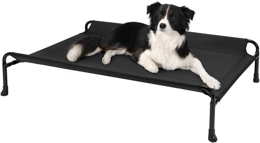 Veehoo Elevated Dog Bed, Cooling Raised Dog Bed with Guardrail & Headrest, Upgraded Non-Slip Silicon Feet, Breathable Teslin Mesh, Portable Pet Cot for Indoor and Outdoor, 29 x 18 Inches, Black