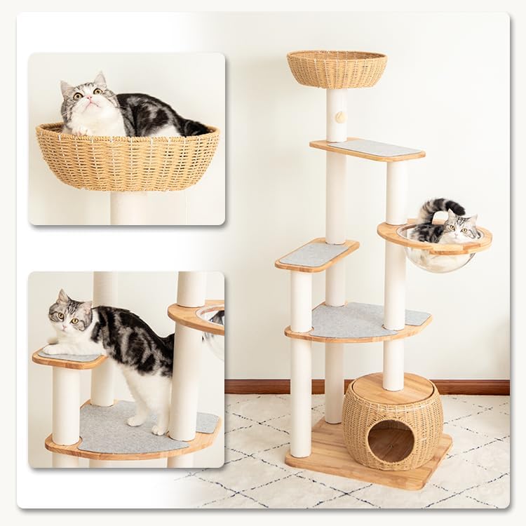 Wooden Cat Tower for Large Cats 63’‘, Modern Multi-Level Condo with Natural Wood, Indoor Cat Furniture for Medium and Big Pets (White 81007s)
