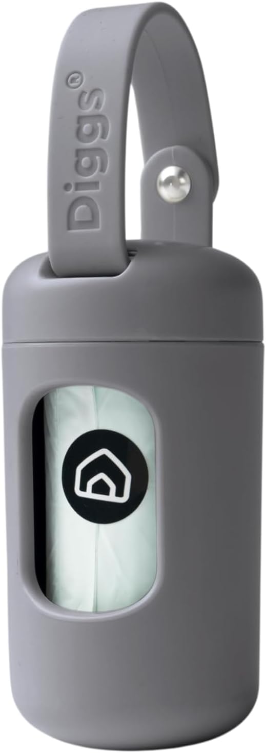 DIGGS Dog Poop Bag Dispenser for Leash - Premium Dog Waste Bag Holder with Easy One-Hand Dispensing (Grey)