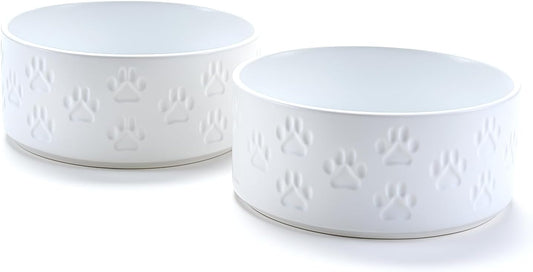 SPUNKYJUNKY Ceramic Dog and Cat Bowls 2 Pack, 6.1'' Dog and Cat Food Water Double Feeding Bowls Non-Slip for Large Sized Breed Microwave Dishwasher Safe - 28.7 OZ, 2pcs, Paw White
