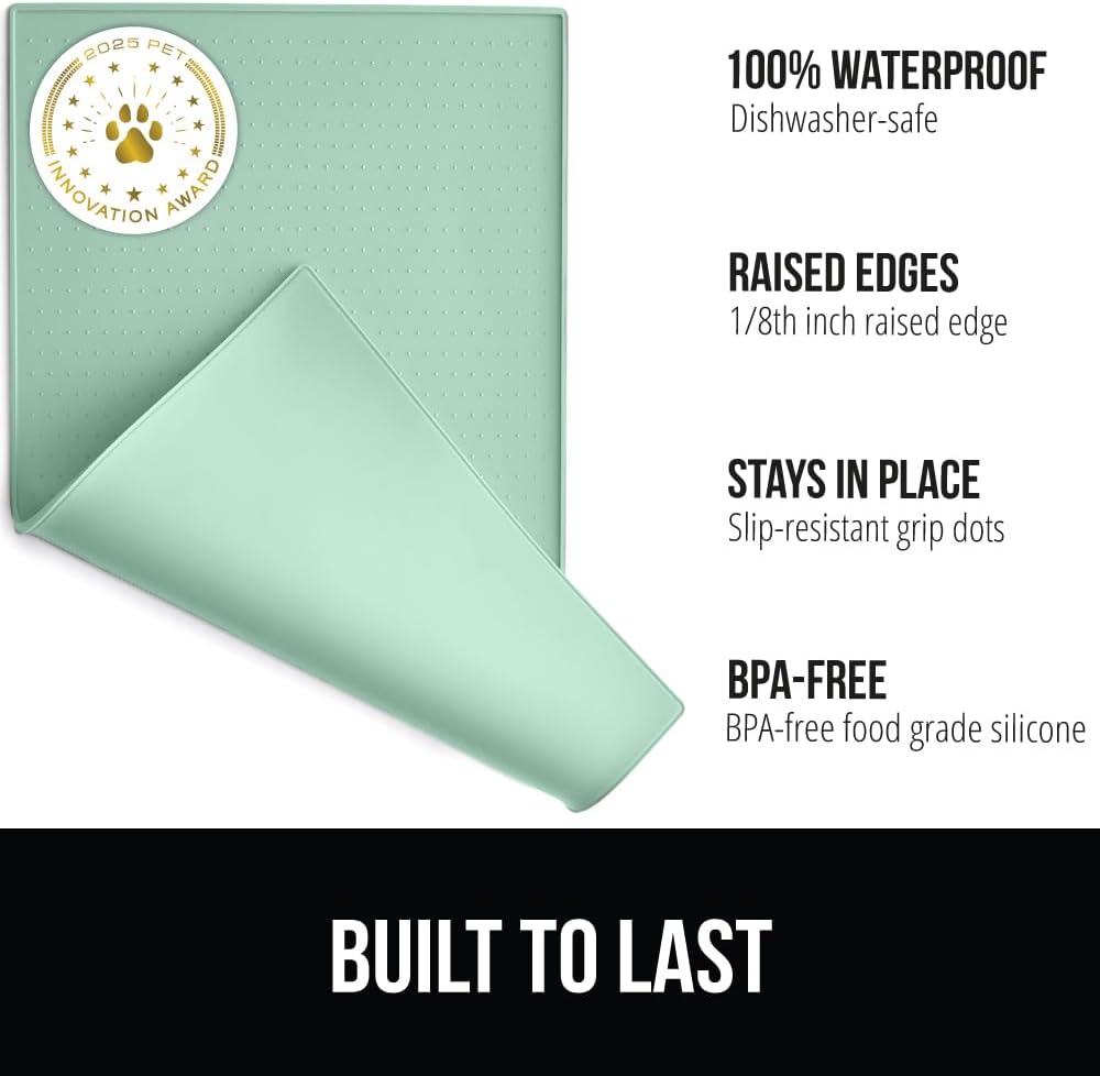 GORILLA GRIP 100% Waterproof Raised Edge BPA Free Silicone Pet Feeding Mat, Dog Cat Food Mats Contain Spills Protects Floors, Placemats for Cats and Dogs Water Bowl, Pets Accessories 18.5x11.5 Mint