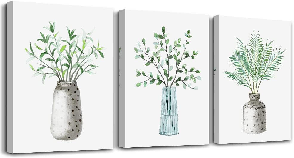 AHUASJART Canvas Wall Art - Paintings for Kitchen, Dining Room, Family Wall Decor - Green Leaf Vase, 3 Piece