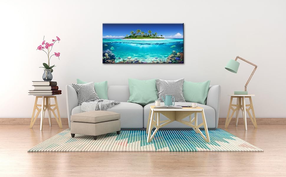 Tropical Island Coral Reef Landscape Canvas Wall Art for Living Room,Unique View Split Waterline Scenery,Beautiful Nature Summer Travel Scenic Picture Print Artwork Painting Decor,Inner Frame 24x48