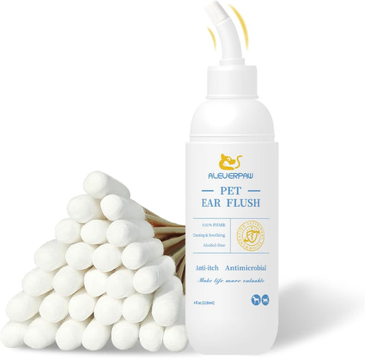 Tris Flush Cat & Dog Ear Cleaner - Dog Ear Infection Treatment with PHMB, Removes Wax, Odo, Gentle & Hypoallergenic, with 20 Cotton Qtips, 4 Fl oz