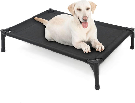 Elevated Dog Bed for Large Dogs, Raised Dog Cot Fits Up to 120 LBs, Heavy Duty Pet Cots with Durable Supportive Teslin Recyclable Washable Mesh, Indoor & Outdoor Pet Bed, Black