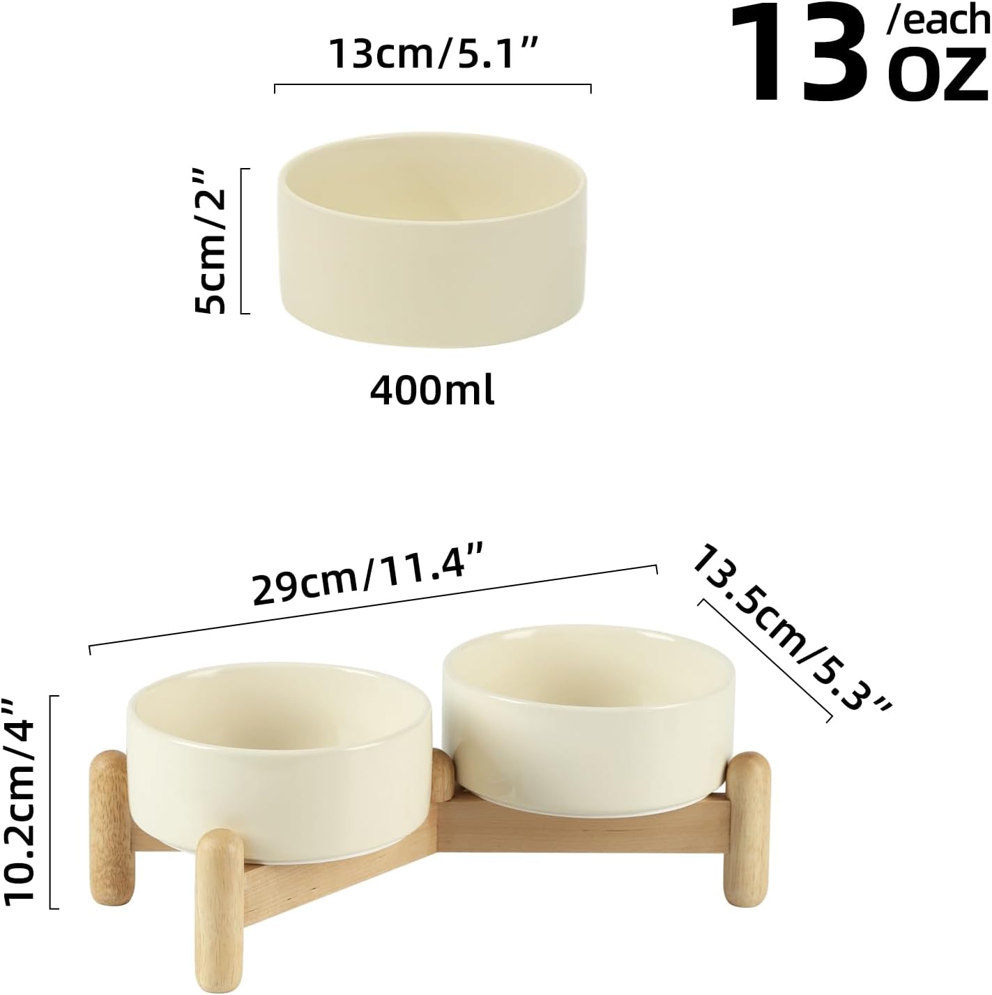 Ceramic 5.1inch Raised Double Bowls Set with Wooden Stand, Elevated Food & Water Bowls for Small Breed Dogs, Cats, Kitty, Weighted Dog Dishes, Pet Bowls(13.5oz, Beige)