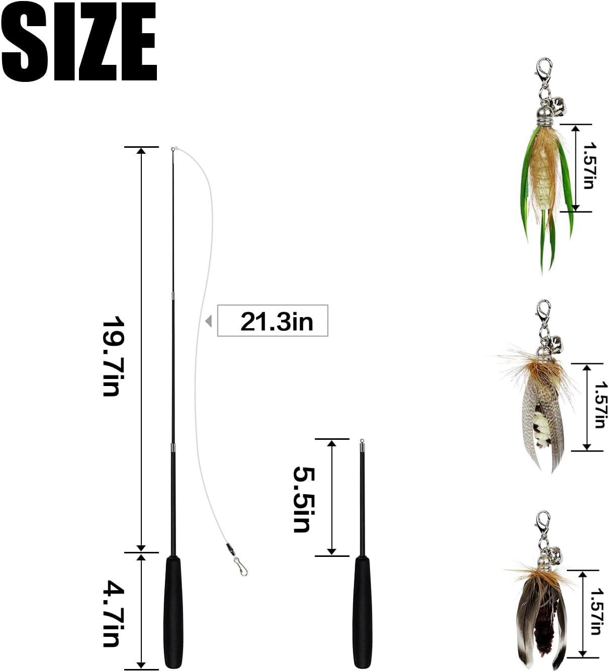 TTcat Cat Feather Wand Toys,Retractable Wand Toy with 3 Mini Insect Refills, Transparent Carbon Wire,Interactive Cat Toy Kitten Toy for Indoor Cats to Play Chase Exercis