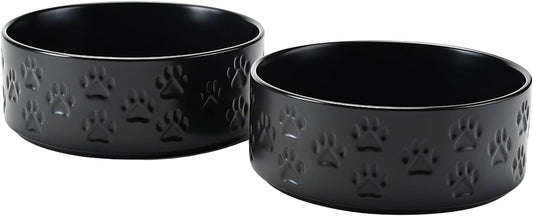 SPUNKYJUNKY Ceramic Dog Bowls 2 Pack, 8.3'' Dog Food Water Double Feeding Bowls Non-Slip for Medium to Large Sized Breed Microwave Dishwasher Safe - 60 OZ, 2pcs, Paw Black