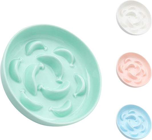 Ceramic Cat Slow Feeder Bowl - Pastel Series Cat Plate for Dry and Wet Food - Cute Maze Feeder Dish for Healthy Eating - Dishwasher Safe - 6.3''W x 1.2''H - 7 OZ - Mint Green