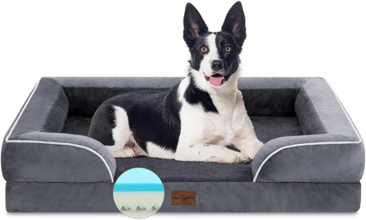 Comfort Expression Cooling Dog Bed for Large Dogs, Memory Foam Orthopedic Dogs Beds, Waterproof Washable Dog Beds with Removable Cover, Pet Bed Sofa with Bolster(Large,Leaden Grey)