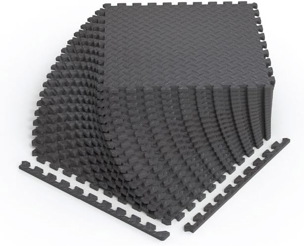 Norsk Foam Floor Gym Mats with Interlocking Tiles, .47" Thick, 24"x24", 18-Pack, 72 Square Feet, Diamond Plate Design, Grey