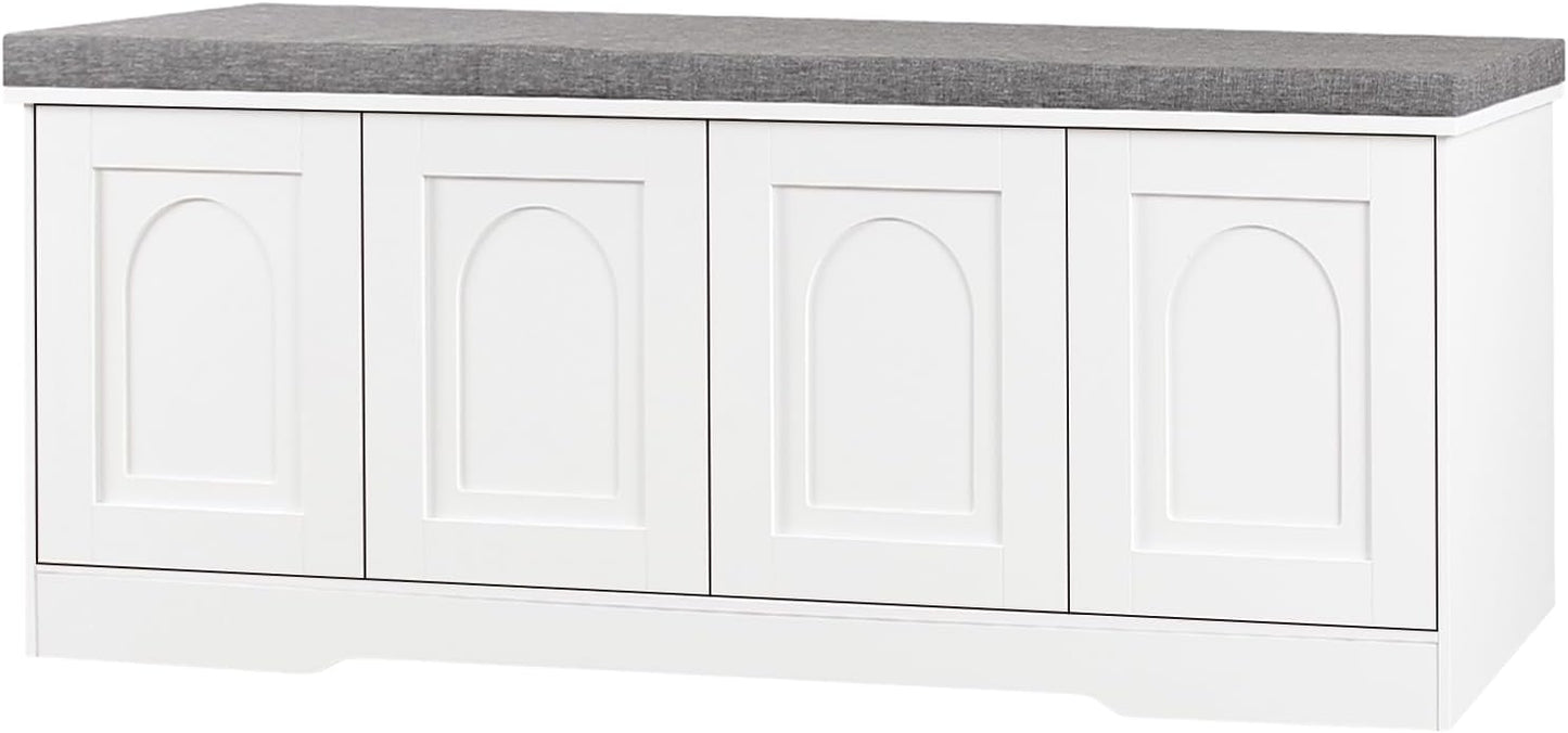 DINZI LVJ Shoe Bench, Entryway Storage Bench with Doors, Cushion, 2-Tier Shoe Rack with 8-Cubby, 47.2”L x 13.8”W Shoe Organizer Cabinet, Adjustable Shelf, Living Room, Bedroom, White