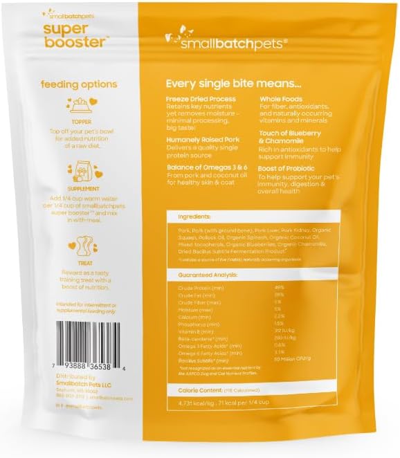 smallbatch Freeze Dried Dog Treats, Superfood Food Topper Pork Bites for Dogs & Cats, Probiotics, Organic Ingredients, High Protein, Grain Free Healthy Treat & Food Topper, Made in The USA, 7 oz Bag