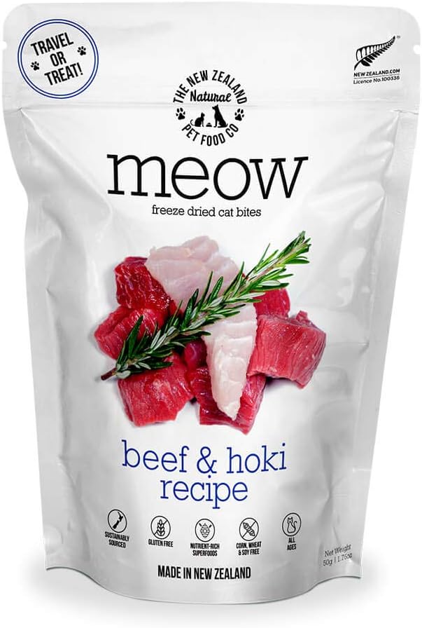 Meow Freeze Dried Cat Food - Beef & Hoki Recipe, High Protein Cat Treats, Meals & Toppers, Dry Cat Food,1.76 oz