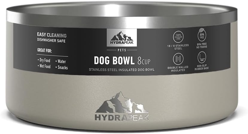 Hydrapeak Dog Bowl; Non Slip Stainless Steel; Water and Food Dish; Large Sized and Small Dogs; 32oz 64oz; Multiple Sizes | 8 Cup | Stone