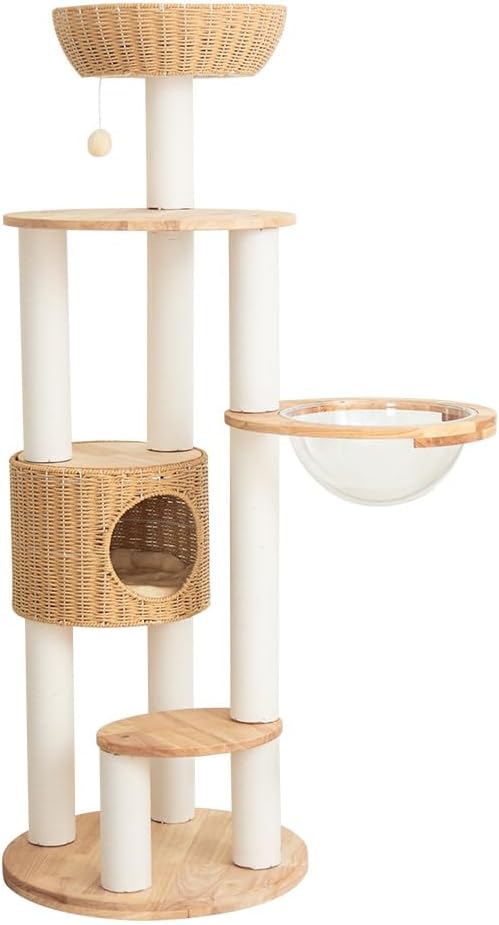 Wooden Cat Tree for Large Cats, Modern Multi-Level Condo with Natural Wood, Indoor Cat Furniture for Medium and Big Pets (Cream Y909S)