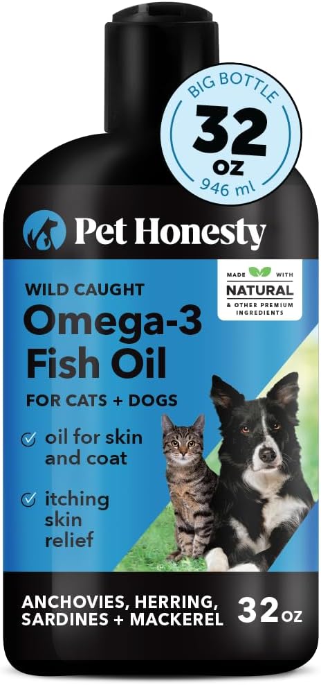Omega 3 Fish Oil Supplement for Dogs & Cats (32oz), Wild Caught Omega 3 Fish Oil for Skin and Coat Health, Supports Shedding, Skin & Coat, Immunity, Joint, Brain & Heart, EPA + DHA