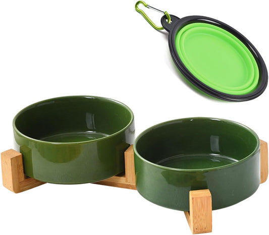 Petygooing Dog Bowls,Ceramic Cat Dog Bowl Set with Wood Stand for Food and Water,Non-Slip Cute Modern Pet Dish for Cats and Small Size Dogs (13.5OZ/5.1 in) Rust Green