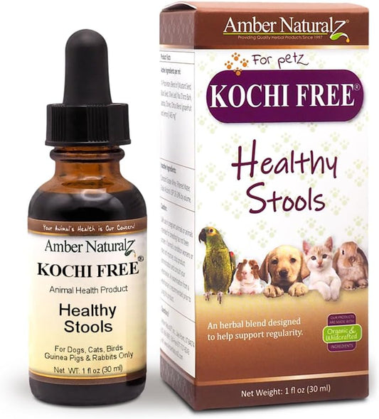 Amber NaturalZ Kochi Free Herbal Supplement for Dogs, Cats, Birds, Guinea Pigs, and Rabbits | Pet Herbal Supplement for Healthy Stool Support | 1 Fluid Ounce Glass Bottle | Manufactured in The USA