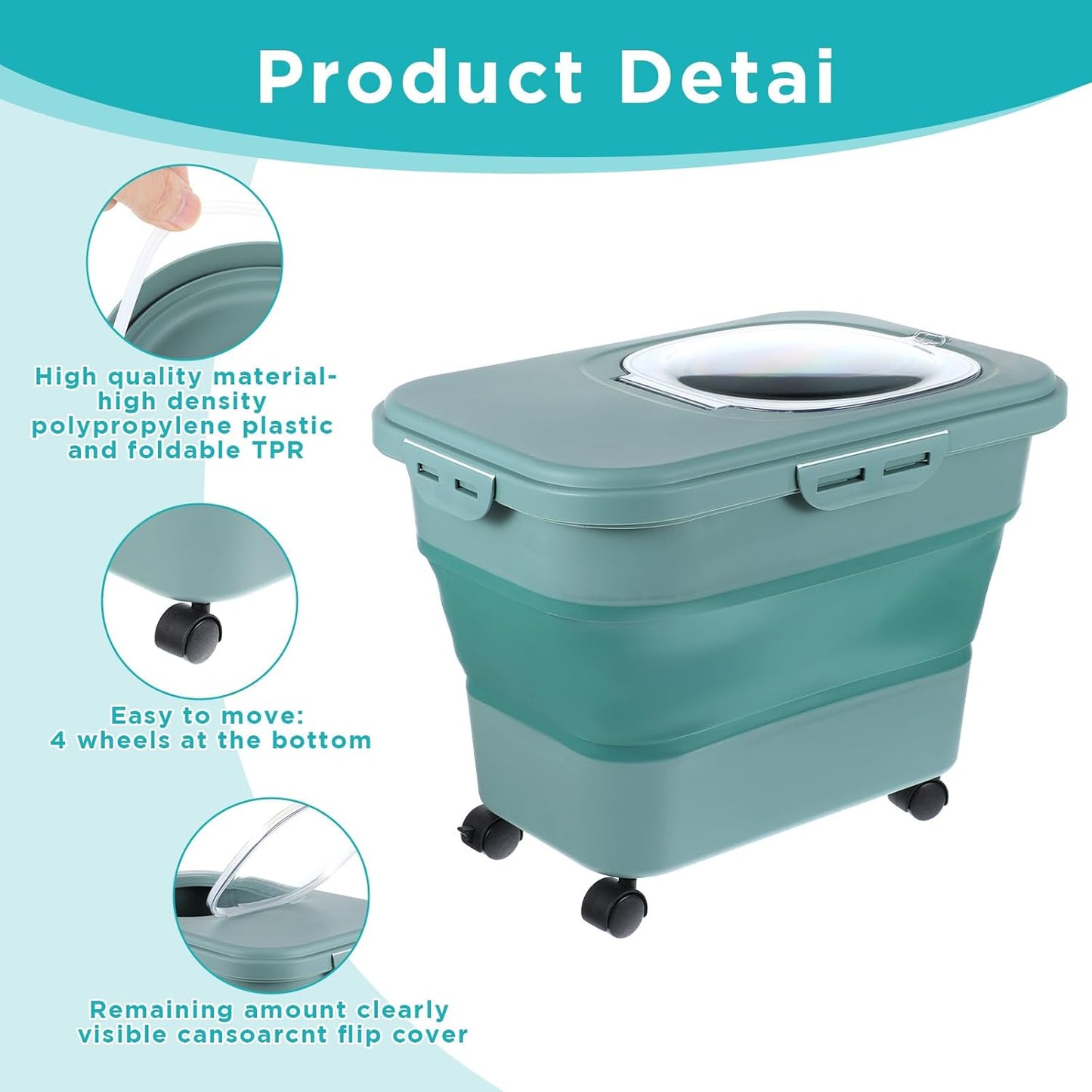 Collapsible Cat Litter Storage Bin Container with Airtight Lids, Portable Cat Litter Storage Container with Wheels, Kitchen Cereal Rice Leakproof Sealable