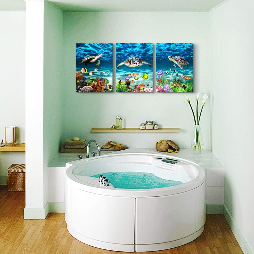Canvas Wall Art for Living Room Large Size Wall decor for Bedroom Modern Bathroom Wall Decoration blue Ocean Wall Painting Sea Turtle Wall Pictures Ready to Hang Office Artwork 20" x 28" 3 Piece