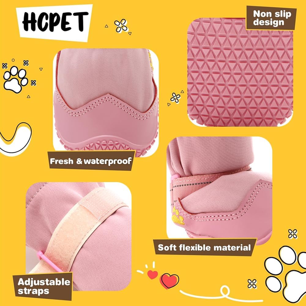 Hcpet Dog Shoes, Dog Boots & Paw Protectors for Winter Snowy Days, Rainy Weather, Outdoor Anti-Slip Sole Dog Booties for Hardwood Floor Pink-Leg 1
