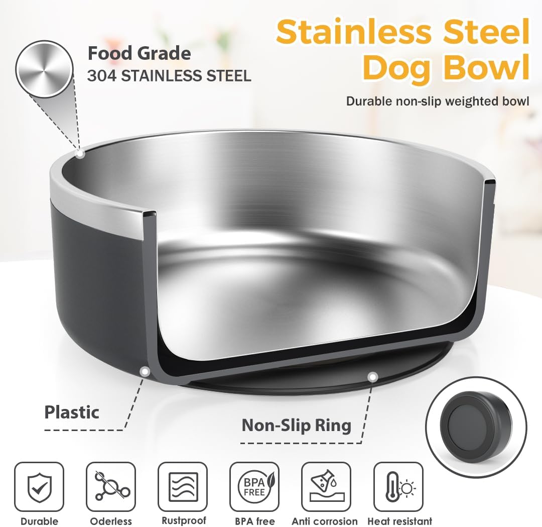 IKITCHEN Dog Bowl for Food and Water, 40 Oz Stainless Steel Pet Feeding Bowl, Durable Non-Skid Insulated Heavy Duty with Rubber Bottom for Medium Large Sized Dogs (40 Ounces/5 Cup, Grey)