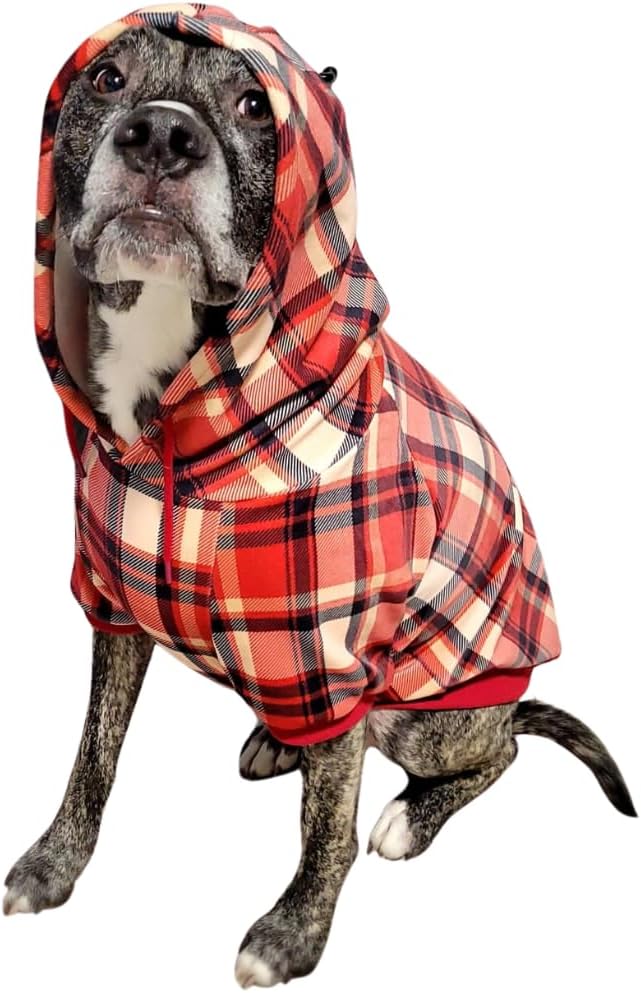 Spark Paws Dog Hoodie – Premium Dog Sweater for Small, Medium, and Large Dogs | Warm Outfits for French Bulldogs, Pitbull, Puppy, Winter Jacket Alternative - Red Plaid, 2XL