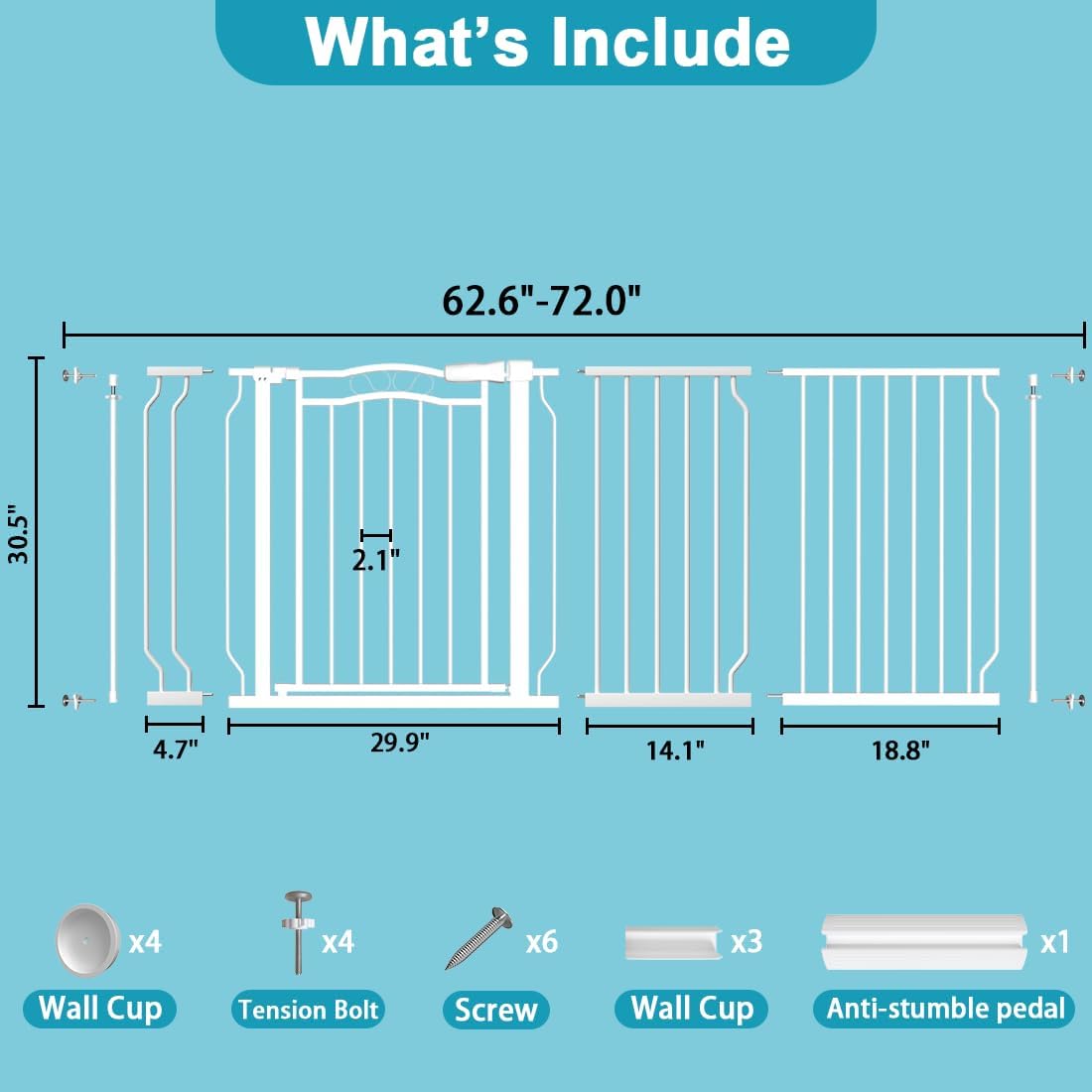 Extra Wide Dog Gate for Doorways 62.6-72 in, Walk Through Long Baby Gates for Large Openings, No Drill Child Safety Gate for Pets Kids Toddler, Doggy Barrier Indoor Metal, 30" Tall White