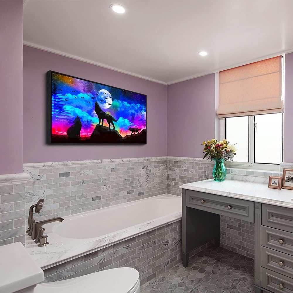 Framed Canvas Wolf Landscape Painting Canvas Wall Art For Living Room Bathroom Wall Decor For Bedroom Kitchen Artwork Canvas Art Prints Modern Office Home Decorations Blue Starry Sky Hang Pictures