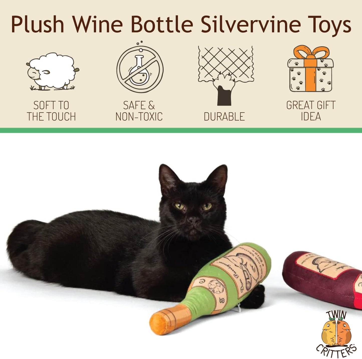 KittiLush 2-Pack Organic Silvervine Catnip Substitute Toys for Cats & Kittens | 100% All-Natural Wild Harvested Silvervine | 2 Refillable Wine Bottle Kicker Cat Toys