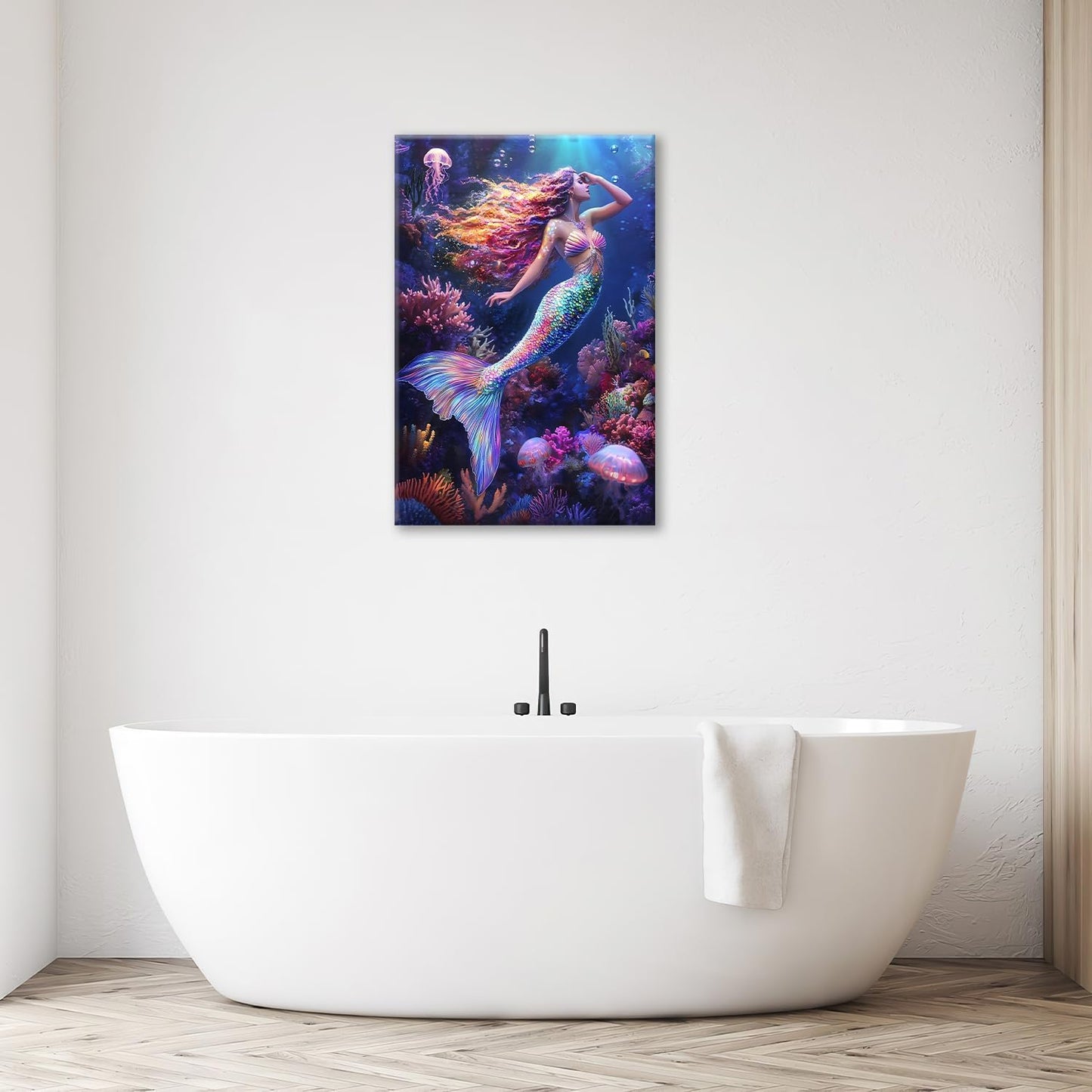 Sea Mermaid Bathroom Pictures Wall Art, Ocean Mermaid Bathroom Wall Decor, Aesthetics Framed Painting Canvas Artwork for Bedroom Living Room Decorations 24"L x 16"W