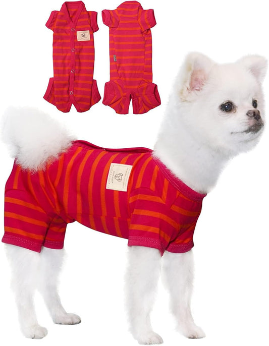 TONY HOBY Dog Pajamas, Female/Male Dog 4 Legged Pajamas, Soft Cotton Dogs Jumpsuit with Stripes (Rose Red&Orange, Girl, XS)
