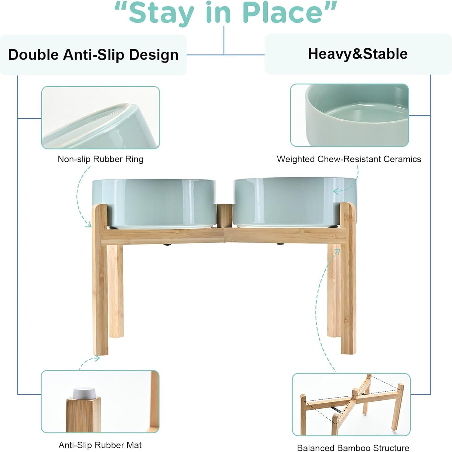 SPUNKYJUNKY Elevated Dog Bowls Ceramic, 8.3'' Dogs Food Water Bowls Raised with Non-Slip Bamboo Stand for Large Sized Breed Microwave Dishwasher Safe - 60 OZ,Light Green