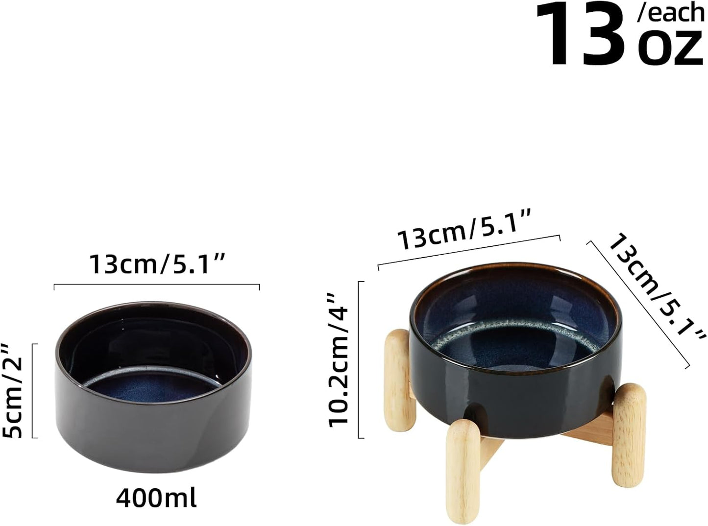 Ceramic 5.1inch Raised Dog and Cat Bowl Set, Elevated with Wooden Stand, Food and Water Bowl for Small Breed Dogs, Cats, Kitty, Weighted Dog Dishes, Pet Bowls(13.5oz, Starry Sky)