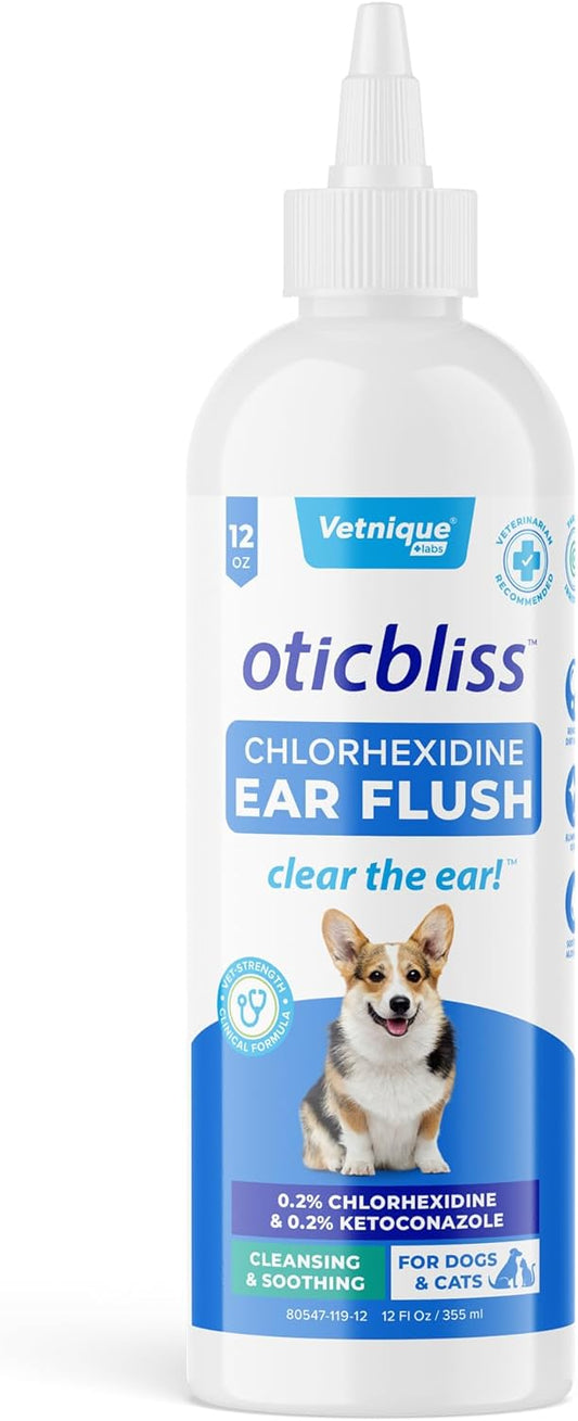Vetnique Oticbliss Medicated Dog Ear Infection Treatment, Antiseptic Ear Cleaner for Cat & Dog Ear Cleaning Solution with Chlorhexidine & Ketoconazole (12oz Flush)