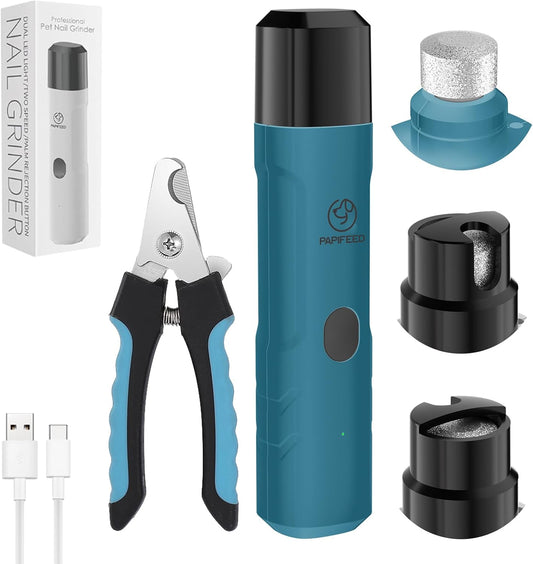 PIPAFFEED Dog Nail Grinder Upgraded with with Dog Nail Trimmers,2 LED Lights, 3-Speed Rechargeable & Quiet - Upgraded Electric Pet Nail Trimmer, Painless Paws Grooming Tool-Bule