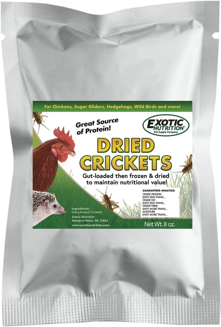 1/2 Pound Dried Crickets - High Protein Insect Treat - Chickens, Wild Birds, Hedgehogs, Bluebirds, Reptiles, Sugar Gliders, Opossums, Skunks, Lizards, Bearded Dragons, Fish, Turtles 8 oz. (1 Pack)