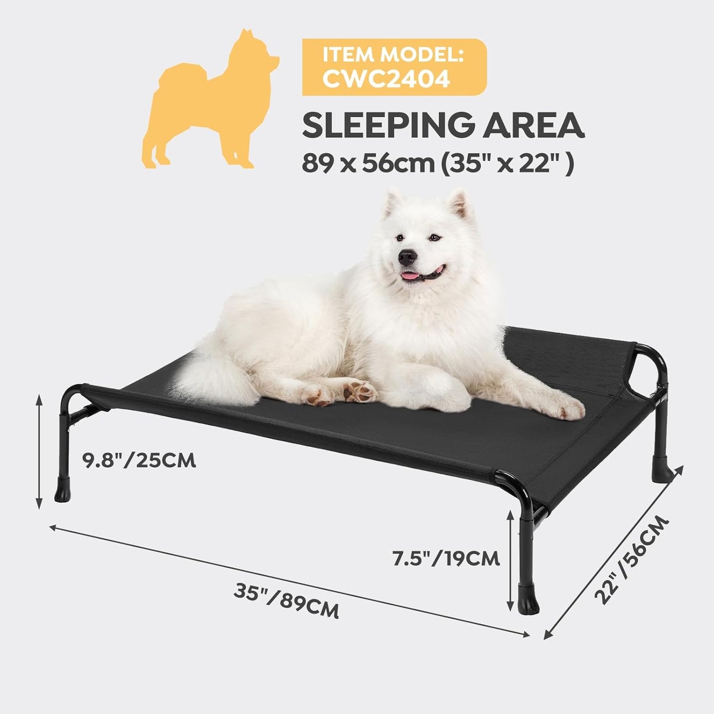 Veehoo Elevated Dog Bed, Cooling Raised Dog Bed with Guardrail & Headrest, Upgraded Non-Slip Silicon Feet, Breathable Teslin Mesh, Portable Pet Cot for Indoor and Outdoor, 35 x 22 Inches, Black