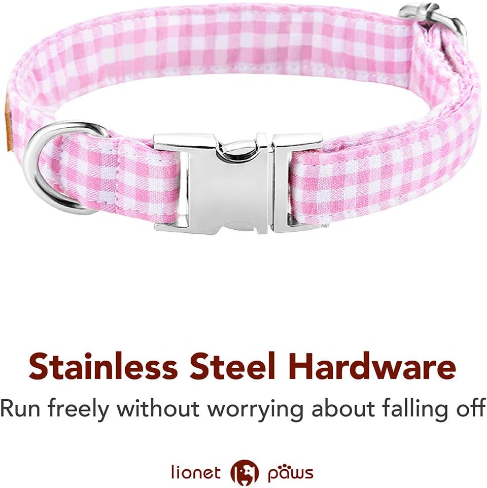 Lionet Paws Dog Collar with Bowtie, Comfortable Adjustable Cute Pink Gingham Bow Tie Collar for Female Dogs Gift, Large, Neck 16-24 inches