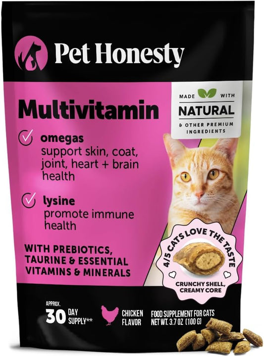 Cat Multivitamin Crunchy & Creamy Chews - Cat Treats for Health + Immune, Joint Support, Skin & Coat, & Digestion - Vitamins with Omega 3s, Lysine & Probiotics (30 Day Supply)
