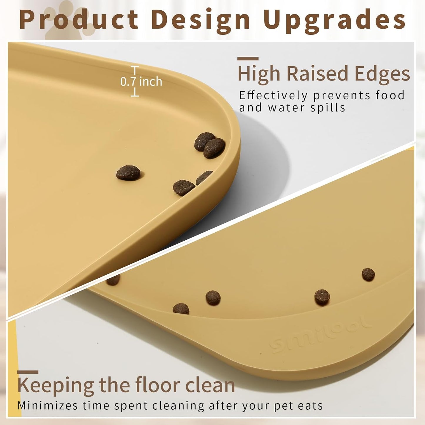 Silicone Pet Feeding Mat with Raised Edge & Residue Collection Pocket for Food and Water, Dog Bowl Mats, Cat Bowls Placemat with High Lip for Floor Waterproof, 19 x 12 x 0.7 Beige