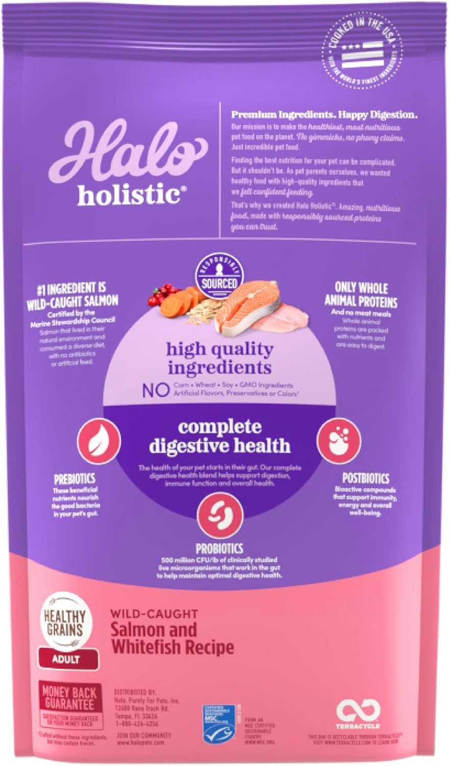 Halo Holistic Cat Food Wild Caught Salmon & Whitefish Formula, Healthy Grains Dry Cat Food, Complete Digestive Health, Kibble for Adult Cats, 10 lb Bag
