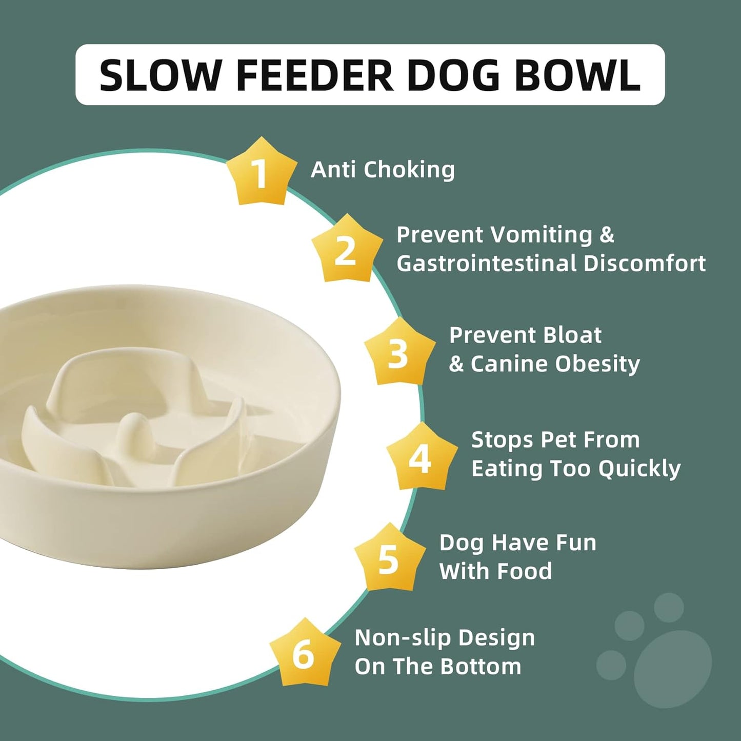 6.1inch Dog Bowl Slow Feeder Ceramic for Small Dog, Pet Slow Feeder, Stop Bloat, Preventing Choking(Single Bowl-Beige)