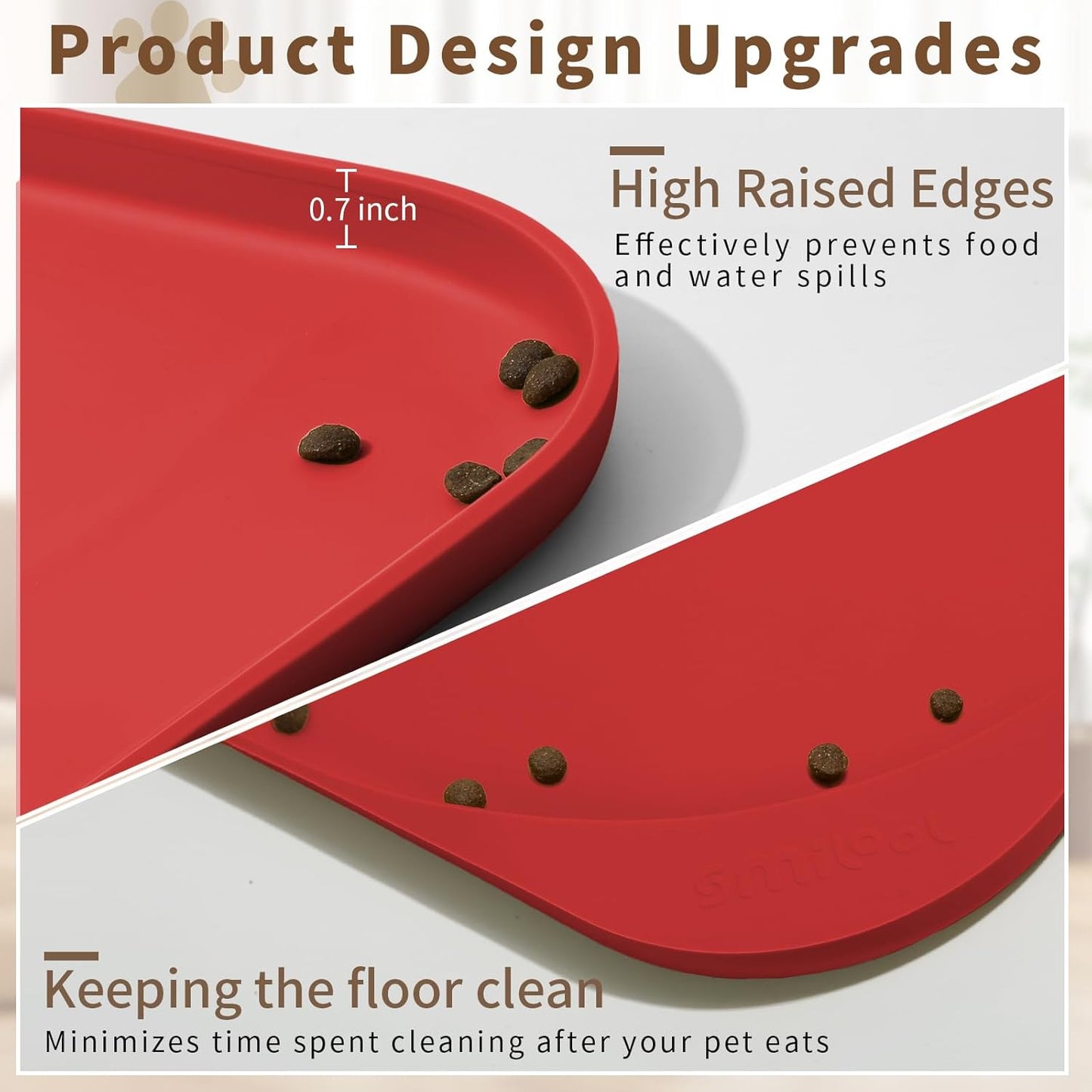 Silicone Pet Feeding Mat with Raised Edge & Residue Collection Pocket for Food and Water, Dog Bowl Mats, Cat Bowls Placemat with High Lip for Floor Waterproof, 19 x 12 x 0.7 Red