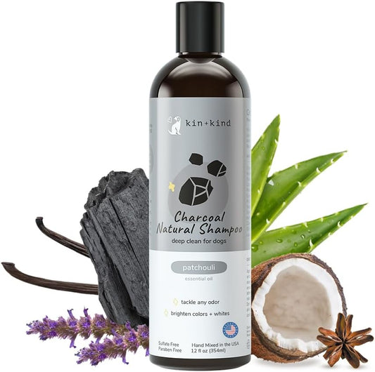 kin+kind Dog Shampoo with Activated Charcoal - Deep Clean Deodorizing Dog Shampoo for Dirt, Odor & Itch Relief - Gentle Grooming Pet Supplies with Aloe, Olive Oil & Coconut Oil - Patchouli 12 fl oz